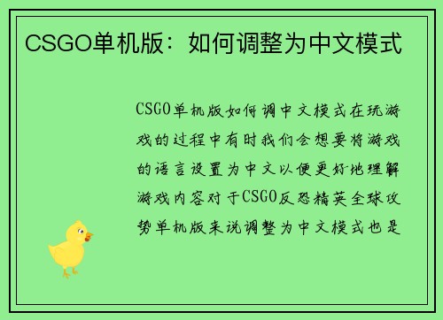 CSGO单机版：如何调整为中文模式